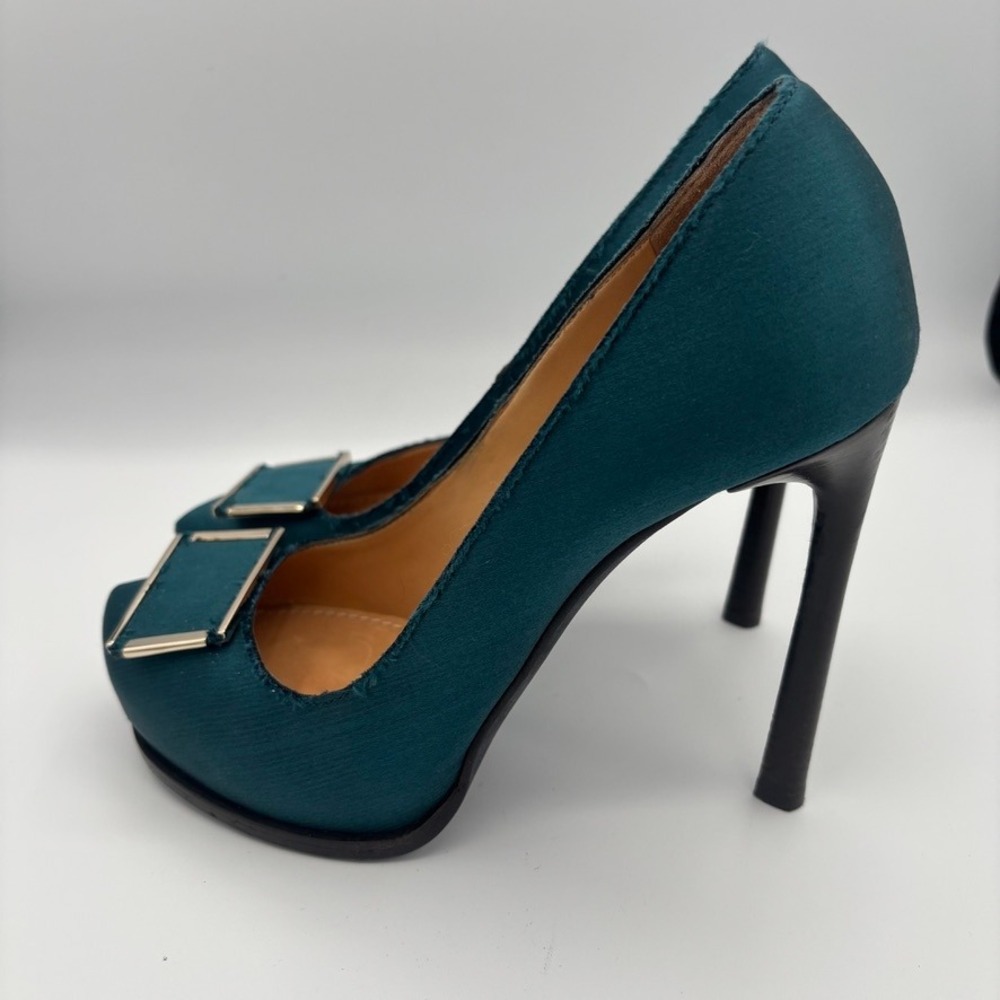 Lanvin Platform Pumps Women Sz 39 Teal Satin Buckle Stiletto Heel Luxury - Picture 11 of 16